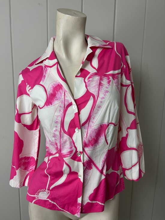 Trina Turk Pink White Floral Top Size S Made in USA Cotton Stretch Resort Chic - Picture 4 of 9